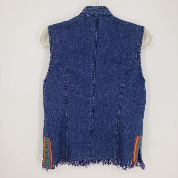 Vintage 90s Denim Vest M Womens Upcycle Fringe Hem Medium Wash Blue Jean - Picture 2 of 6